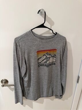 Patagonia Long Sleeve Tee - Heather Gray with Red, Orange, Yellow Logo